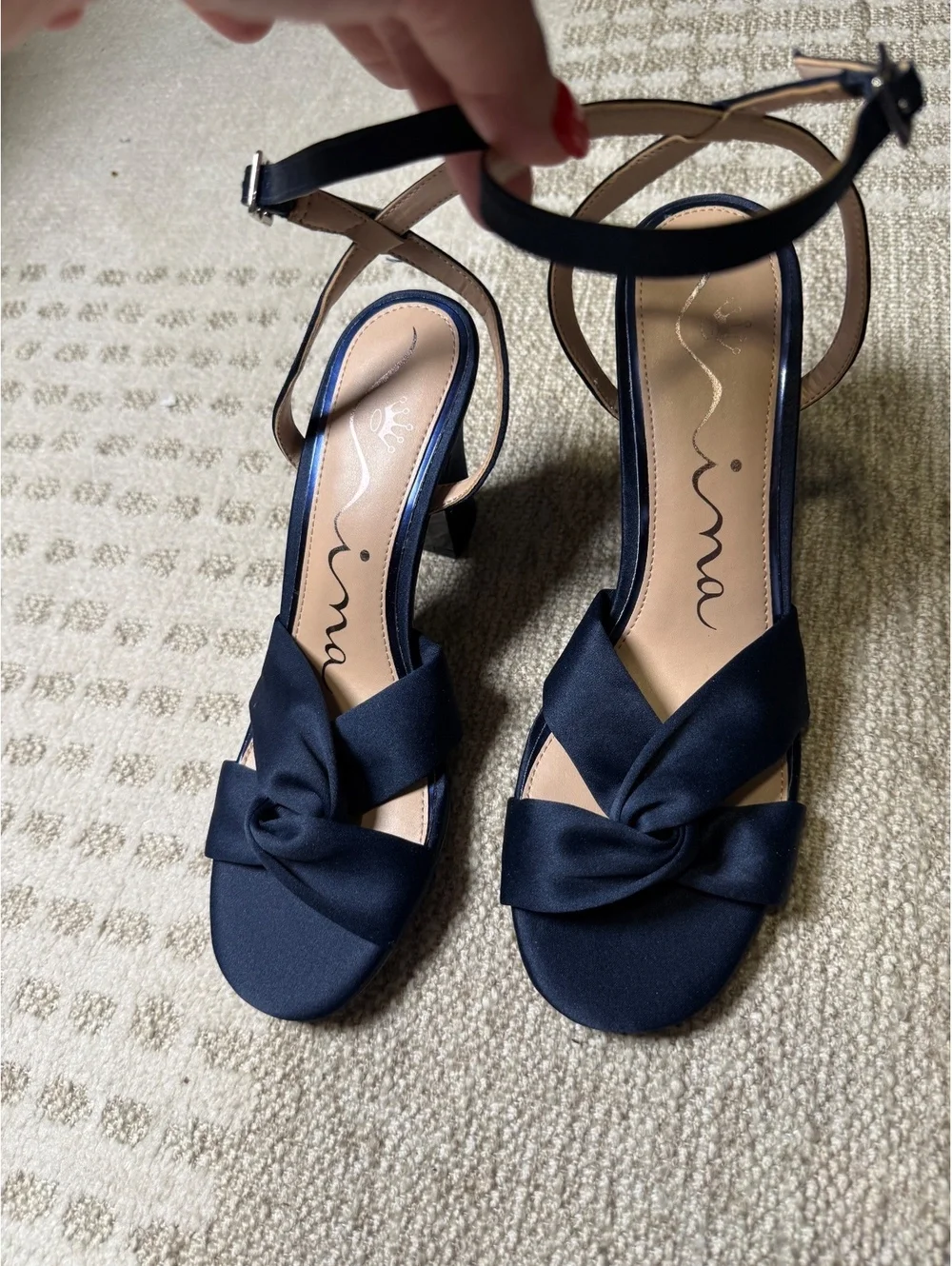 Nina Navy Satin Ankle Strap Block Heel Sandals